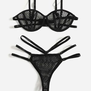 Fishnet Sheer Cut Out Harness Underwire Lingerie Set